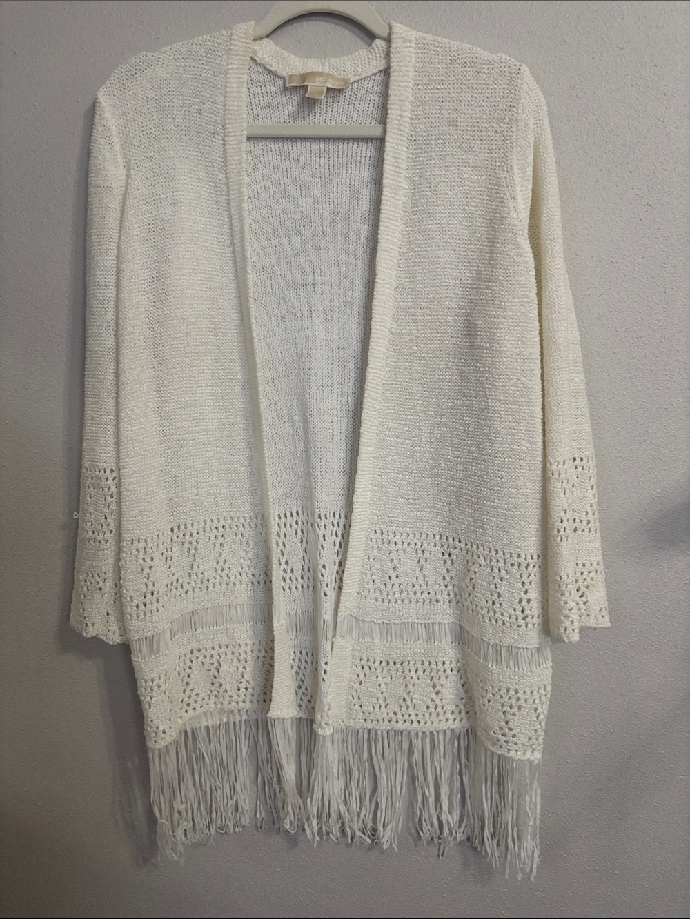 MICHAEL Michael Kors Cream Open-Front Fringe Crochet Cardigan